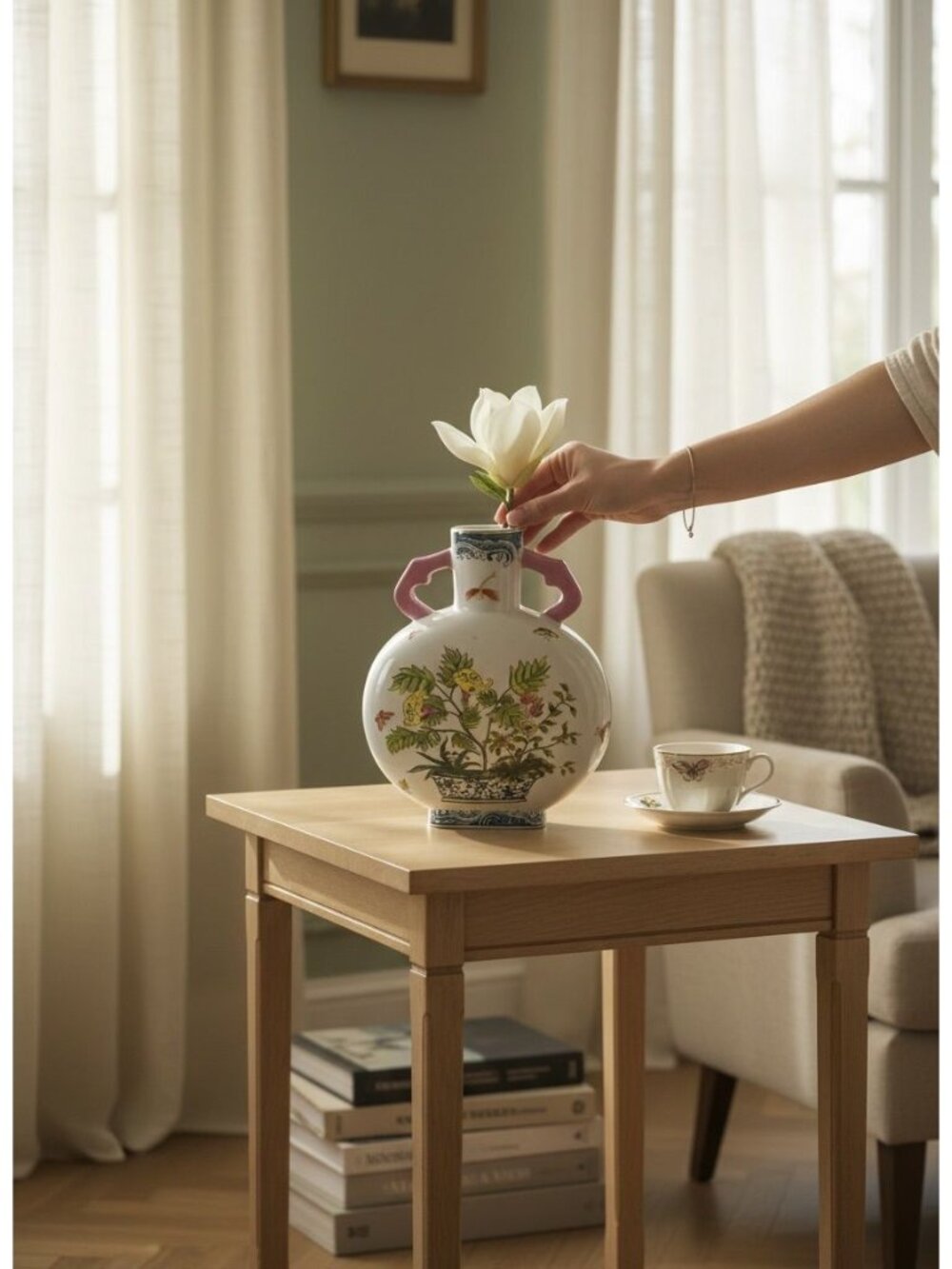 Hand-Painted Chinese Porcelain Moon Flask Vase With Pink Handles